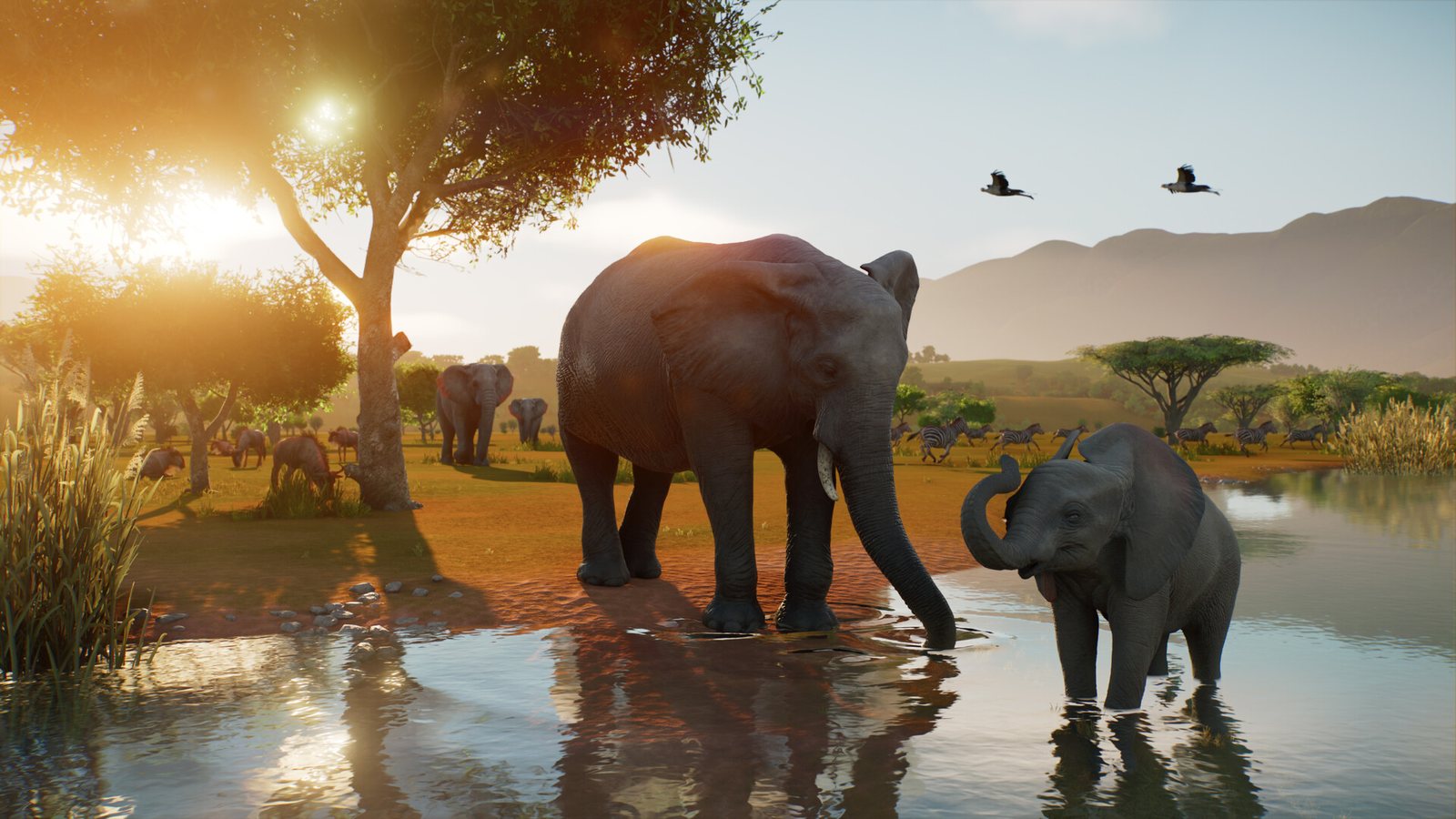 Elephants at a sunset watering hole, with flying birds overhead
